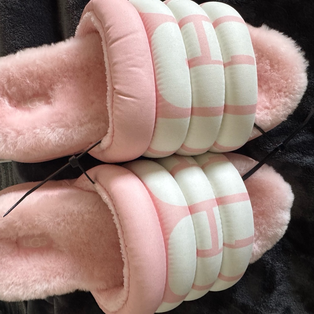 UGG Soft Pink and Cream Fluffy Slippers